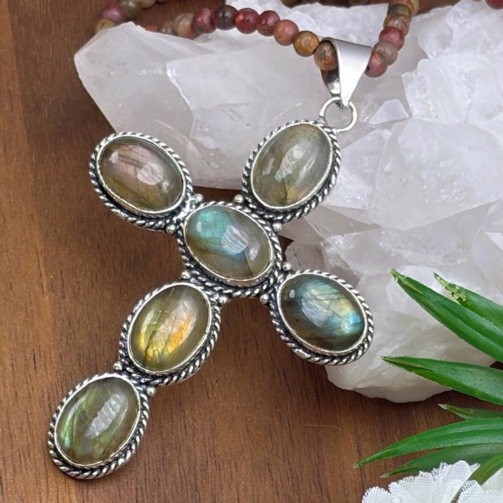 XL Flash Labradorite Cross Pendant Necklace Southwest 925 Sterling Silver Overla